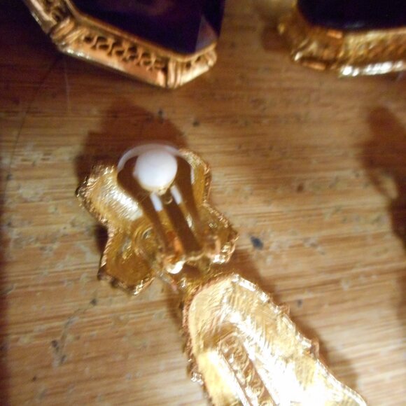 CLIP ON EARRINGS -  HOT CROSS BUNS IN GOLD METAL - WITH DANGLE - Picture 6 of 8